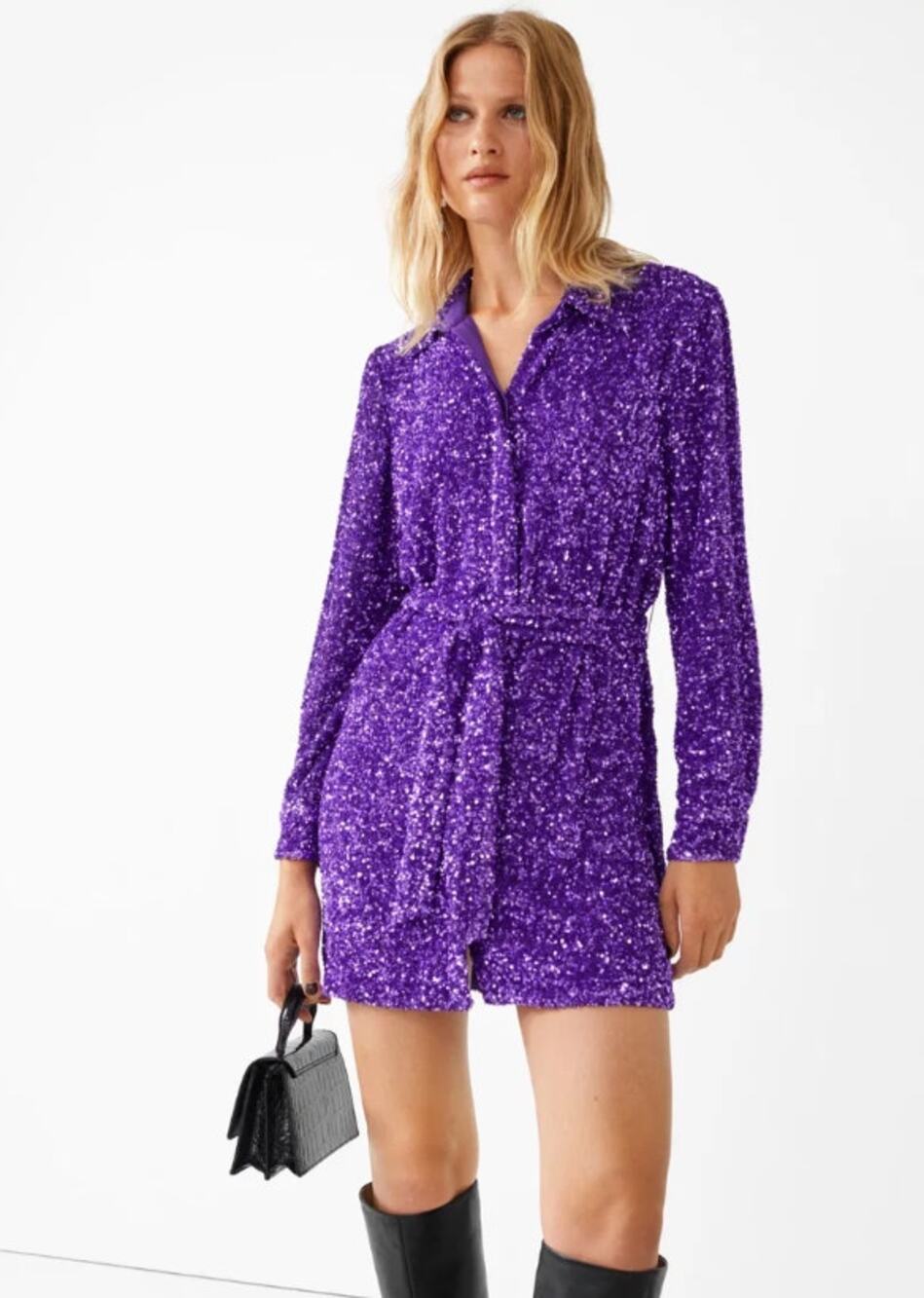 & Other Stories Women's Glam Purple Sequin Mini Button Up Shirt Dress - Medium